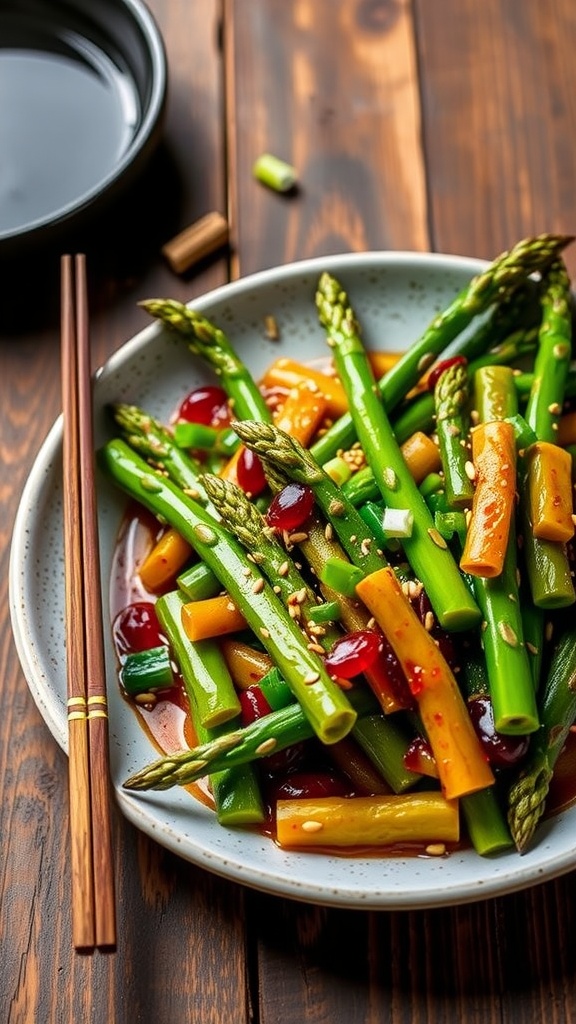 Spicy Korean asparagus stir-fry with sesame seeds and green onions, on a rustic wooden table.